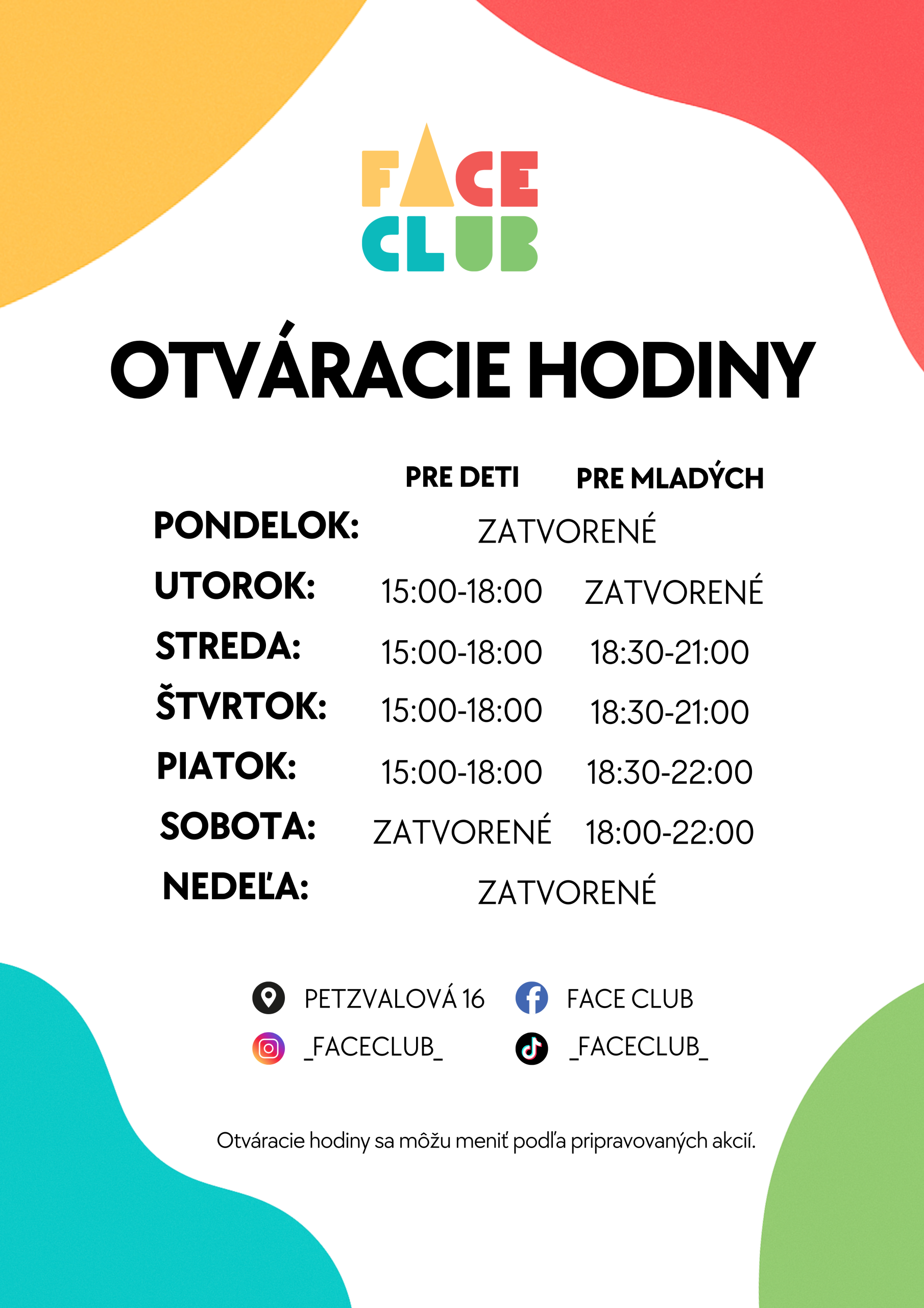FACE CLUB – nové otváracie hodiny po prázdninách